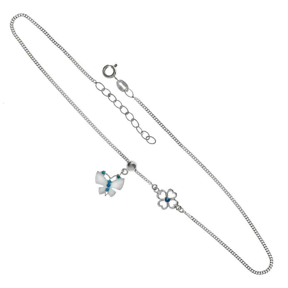 Curb Chain Sliding Blue Zircon CZ Butterfly W 4 Leaf Clover Anklet