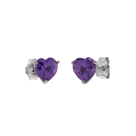 Sterling Silver Heart CZ Amethyst Casting Stud Earrings