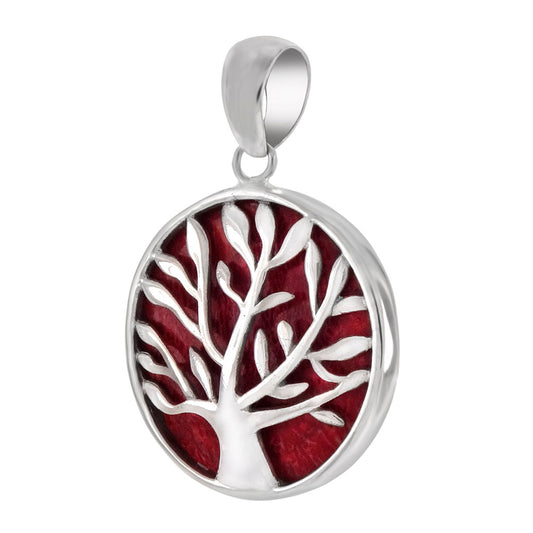 Bali Sterling Silver Tree Of Life W Red Coral Pendant