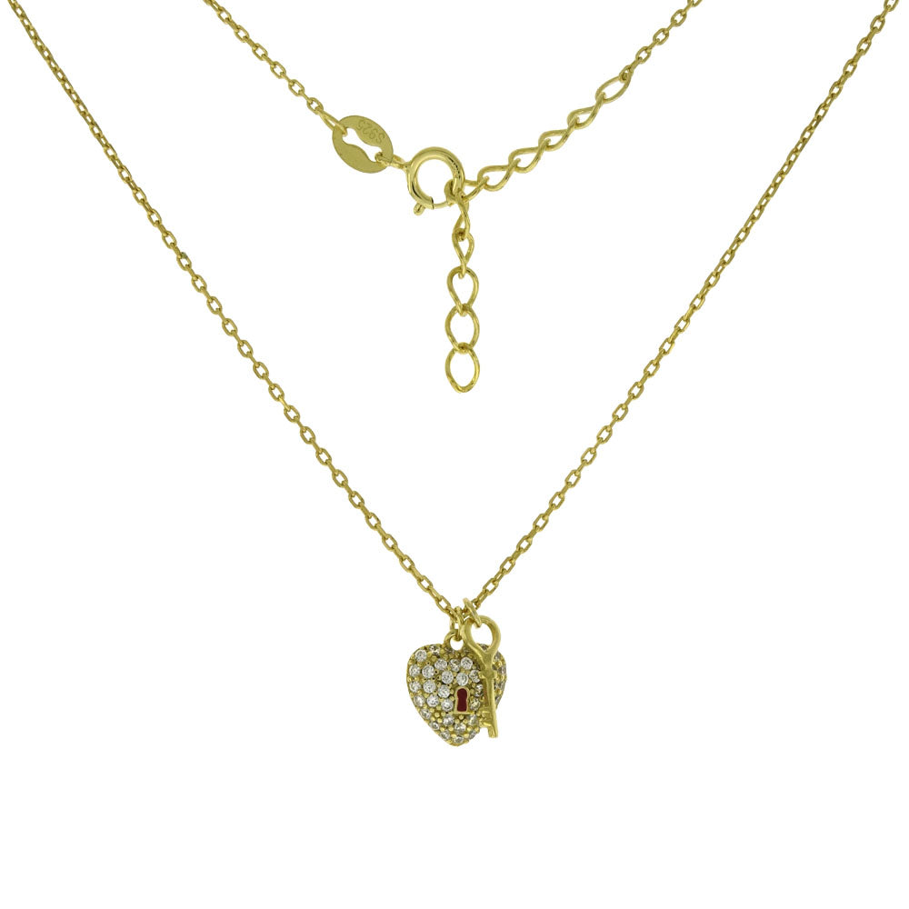 Cubic Zirconia Heart Key Gold Plated Pendant Necklace