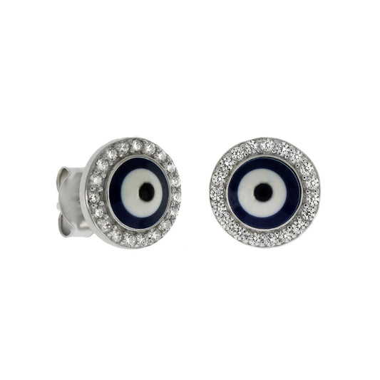 Dark Blue Evil Eye W Cubic Zirconia Sterling Silver Rhodium Stud Earrings