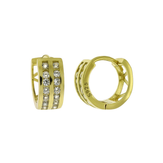 2 Lines Cubic Zirconia Sterling Silver Gold Plated Huggie Hoop Earrings