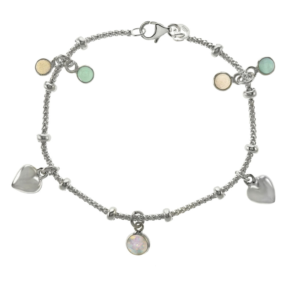 Italian Fancy Popcorn Chain Charm Bracelet - Lab Opal Heart, Quartz