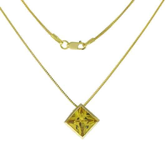 9mm Princess Cut Simulated Citrine CZ W Sterling Silver Gold Plated Franco Chain