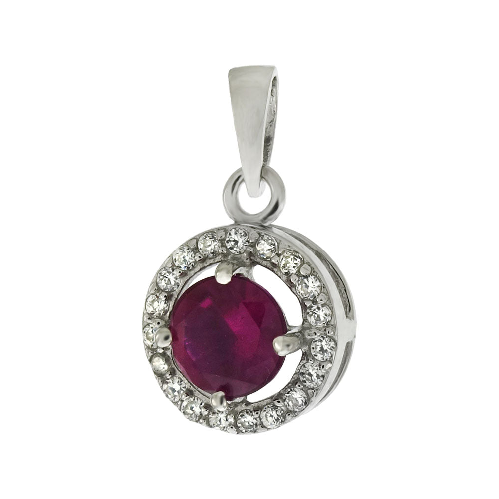 Sterling Silver Halo Simulated Ruby CZ Solitaire Pendant