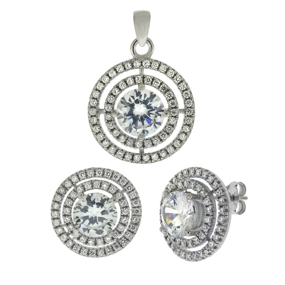 Sterling Silver Halo CZ Earrings Pendant Set