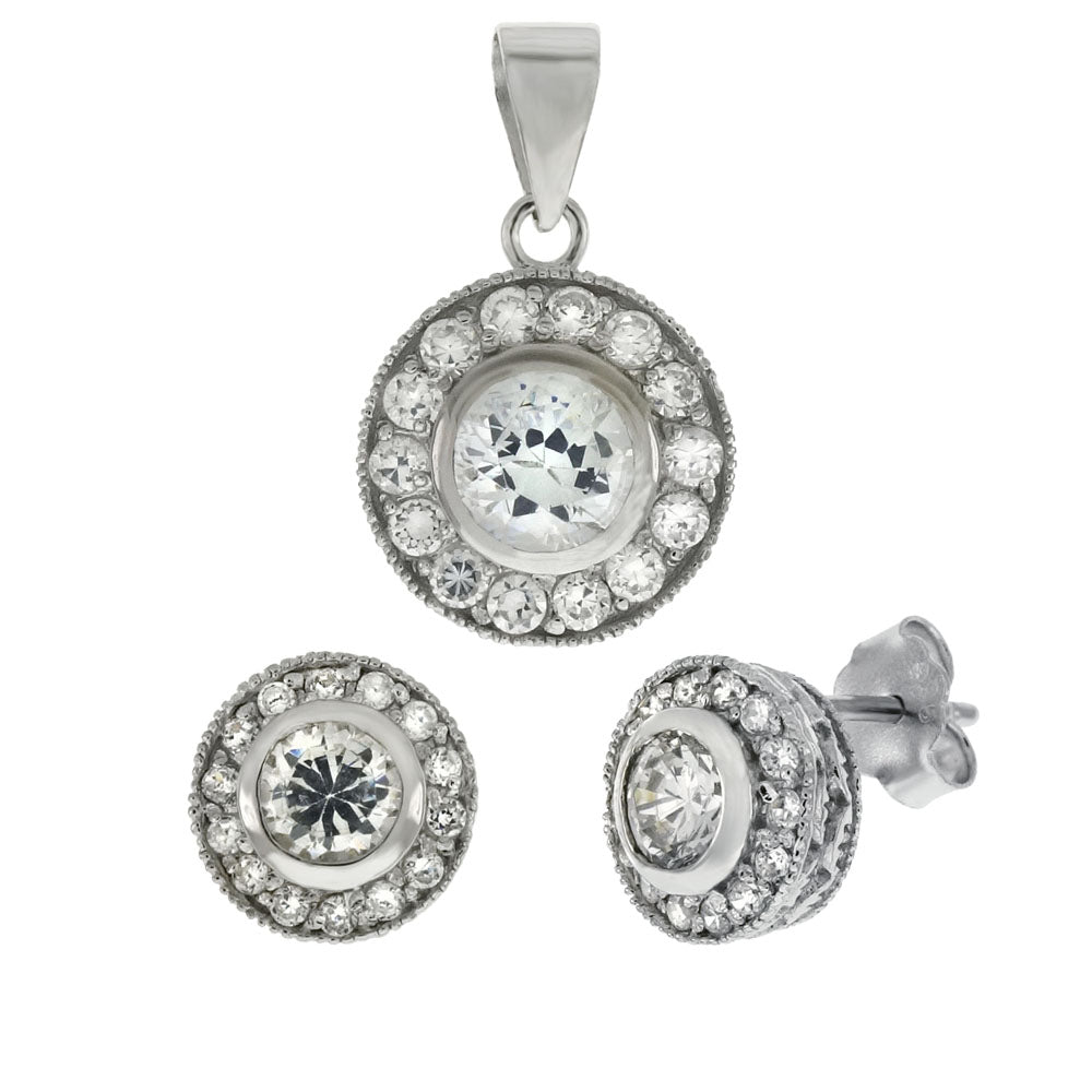 Sterling Silver Halo Cubic Zirconia Earrings Pendant Set