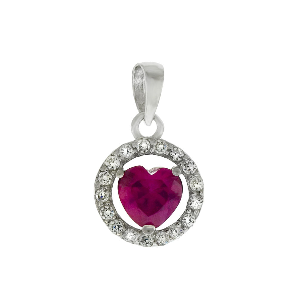 Sterling Silver Halo Red CZ Heart Pendant