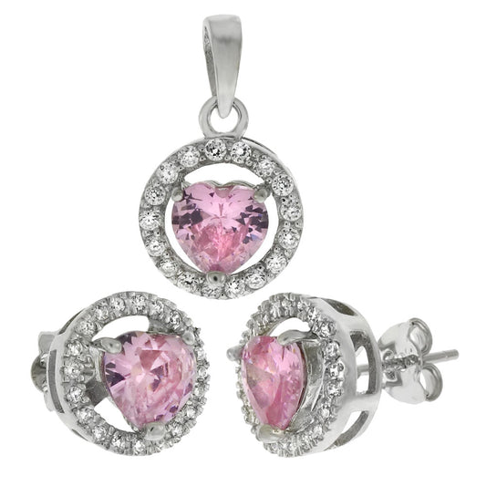 Pink Heart with Halo Pendant & Earrings Set