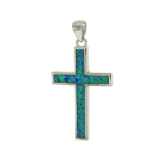 Sterling Silver Simulated Blue Opal Cross Pendant