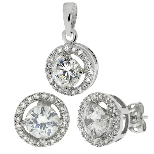 White Halo Earrings & Pendant Set