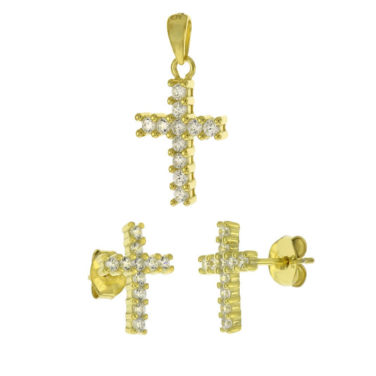 Sterling Silver Cubic Zirconia Gold Plated Cross Earrings Pendant Set