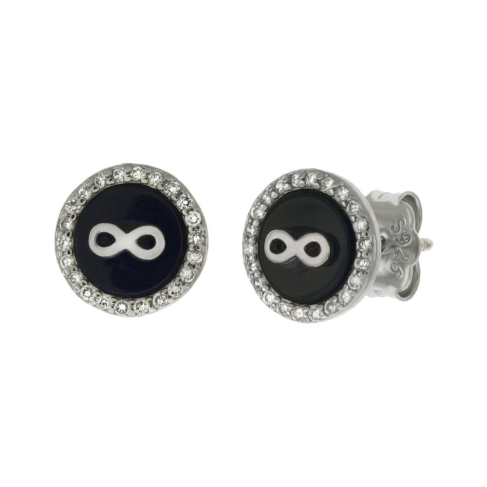 Sterling Silver Rhodium infinity On Black Onyx W CZ Stud Earrings