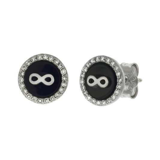 Sterling Silver Rhodium infinity On Black Onyx W CZ Stud Earrings