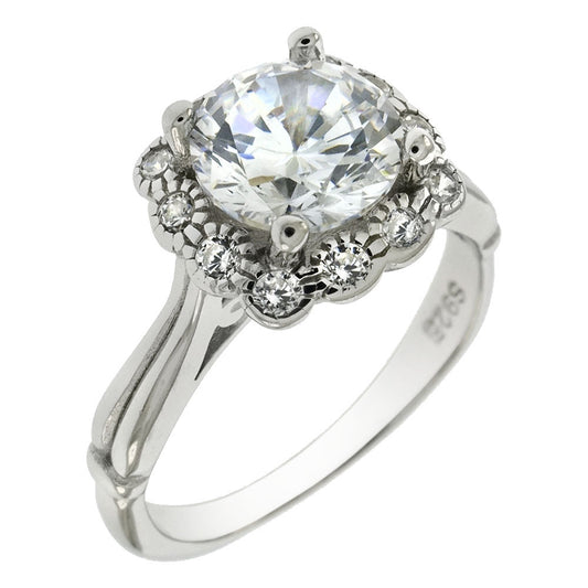 framed round cubic zirconia sterling silver cocktail ring