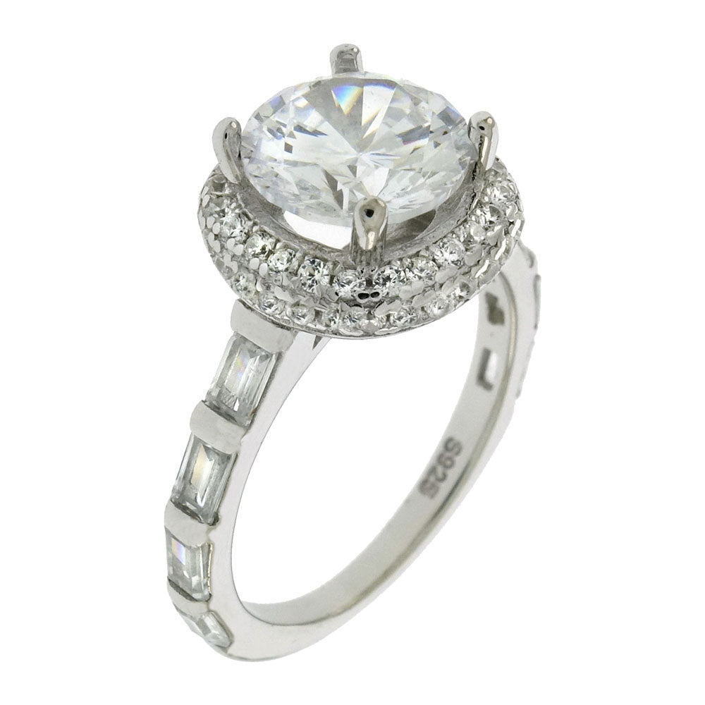 Round & Halo Cubic Zirconia Engagement Ring with Baguette Band