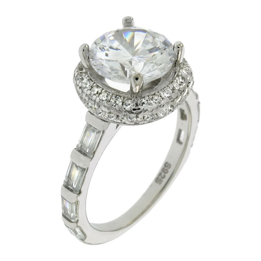 Round & Halo Cubic Zirconia Engagement Ring with Baguette Band