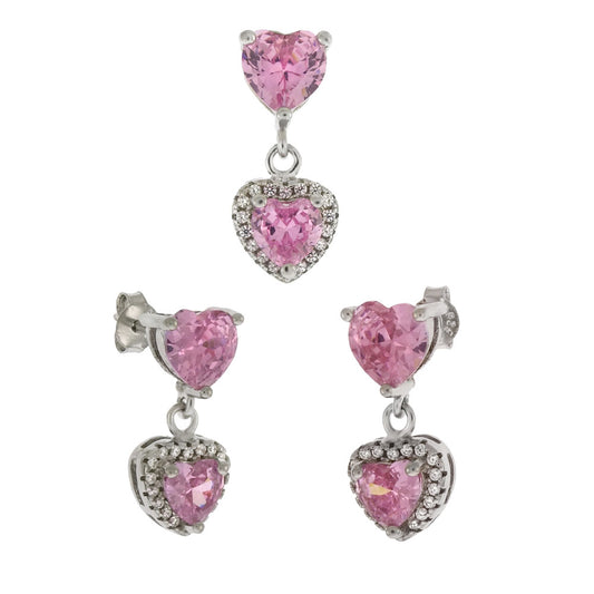 Dangling Pink Heart Pendant & Earrings Set