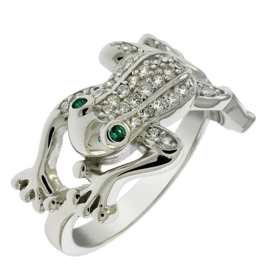 Sterling Silver Cubic Zirconia Frog W Green Eyes Ring