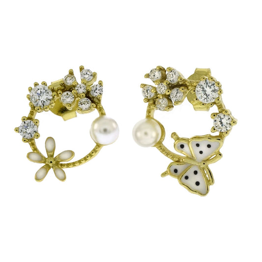 CZ Flower Enamel Butterfly Pearl Mismatched Cluster Gold Plated Stud Earrings