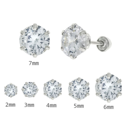 Round CZ Stamping W Screw Back Sterling Silver Stud Earrings