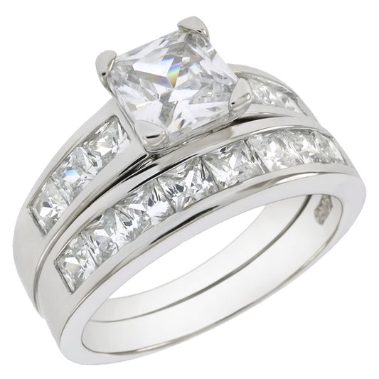 6mm CZ Princess Cut Wedding Ring Set in Sterling Silver