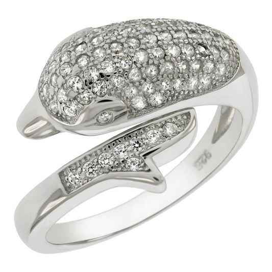 Sterling Silver Micro Pave Cubic Zirconia Dolphin Ring