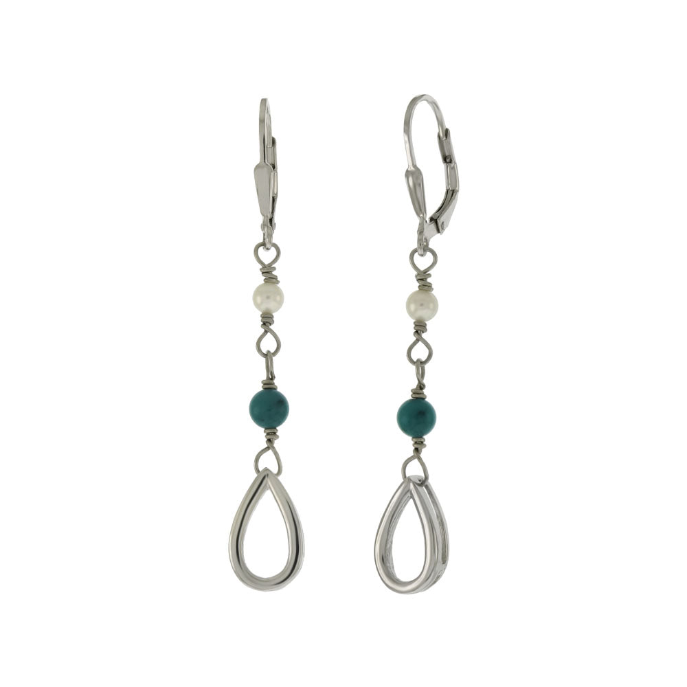 Fresh Water Pearl Turquoise Bead W Sterling Silver Lever Back Teardrop Earrings