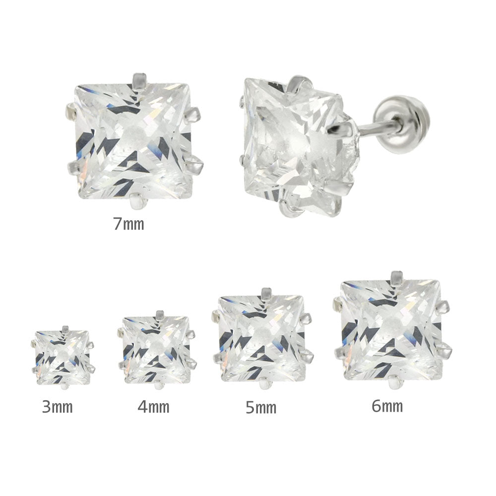 Square CZ Stamping W Screw Back Stud Earrings