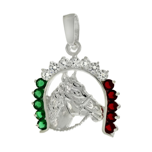 Sterling Silver Horse Head W Cubic Zirconia Horseshoe Pendant