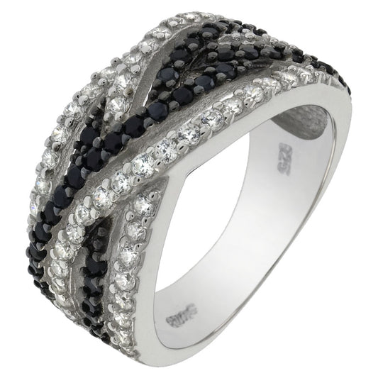 Black White CZ Criss Cross Band Ring