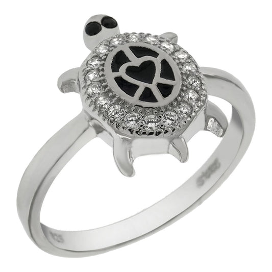 Sterling Silver Round CZ Black Enamel Turtle Ring