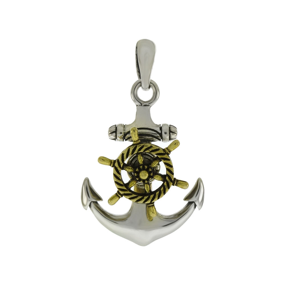 Anchor W Moveable Brass Wheel 2 Tone Pendant