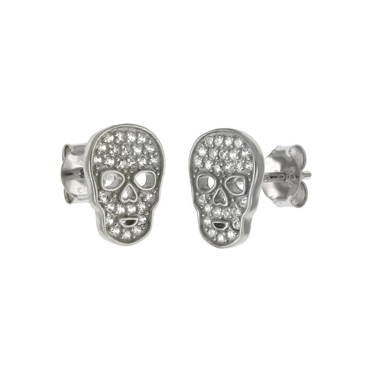 Sterling Silver Micro Pave CZ Skull Stud Earrings