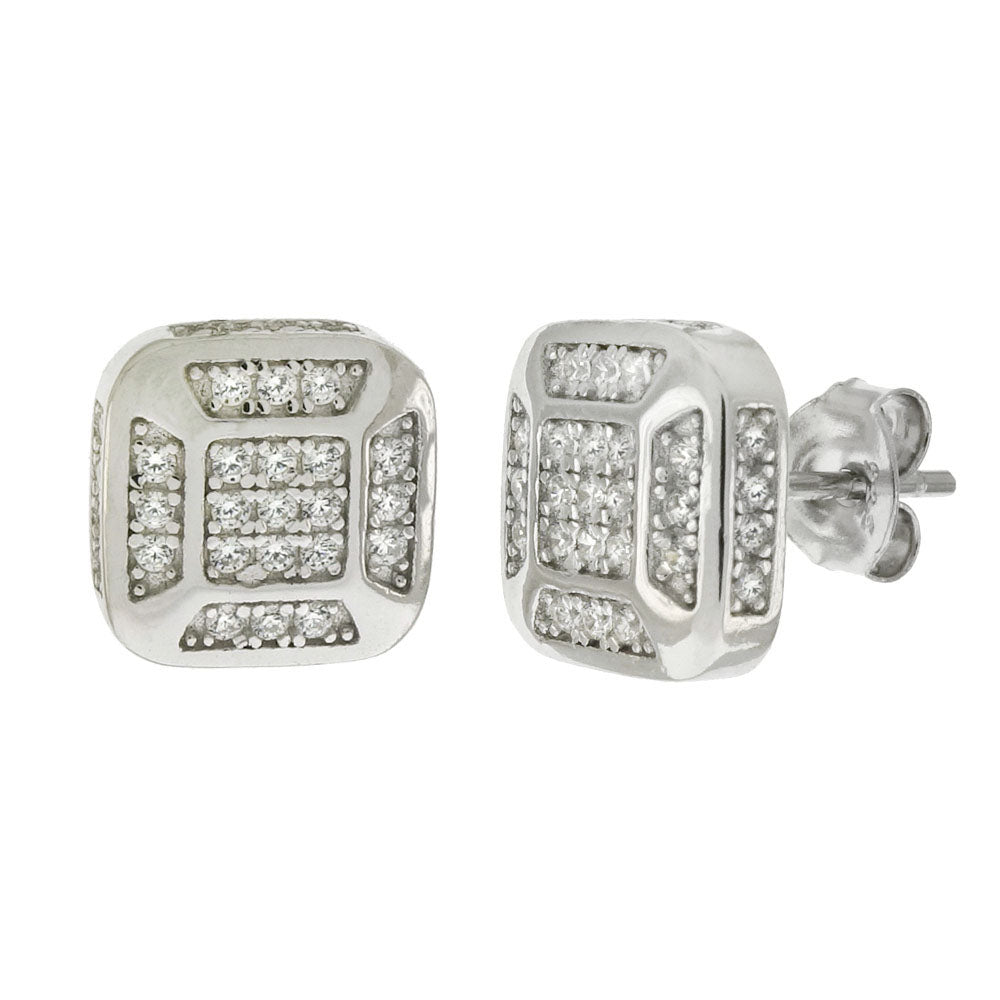 Unisex Micro Pave CZ Sterling Silver Rhodium Stud Earrings