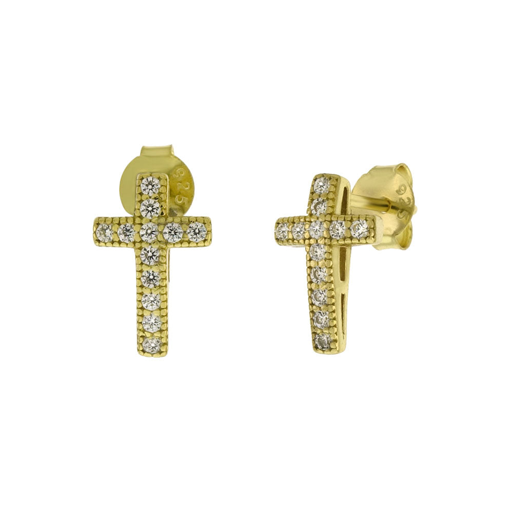 Gold Plated Micro Pave CZ Cross Stud Earrings