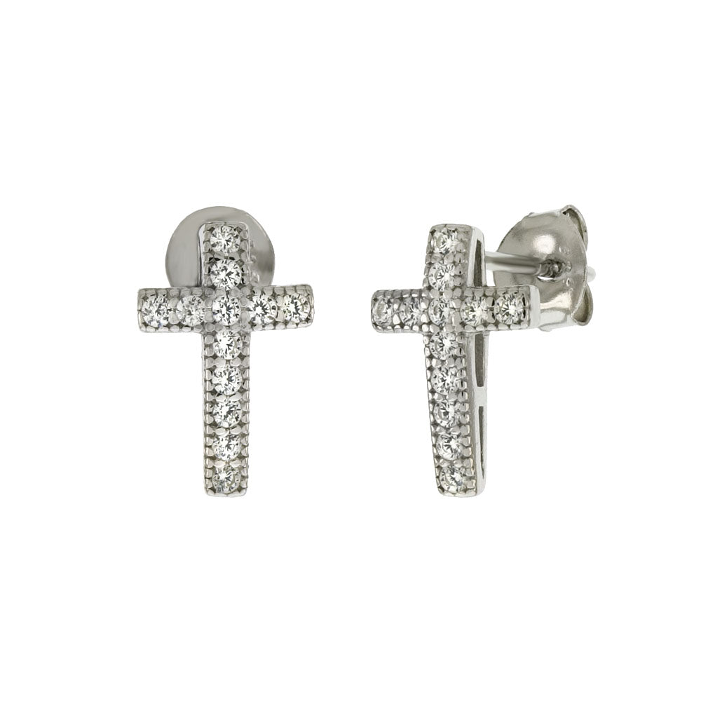 Sterling Silver Micro Pave CZ Cross Rhodium Stud Earrings