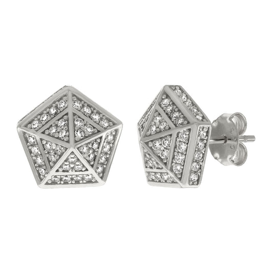 Micro Pave CZ Pentagons Sterling Silver Rhodium Stud Earrings