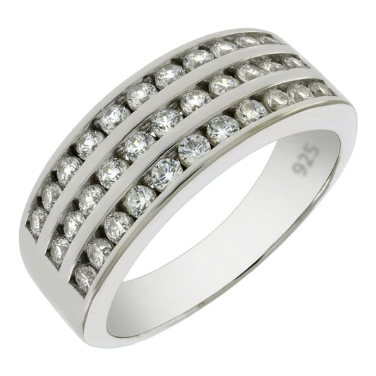 925 Sterling Silver Three Lines Round CZ Men Band Ring