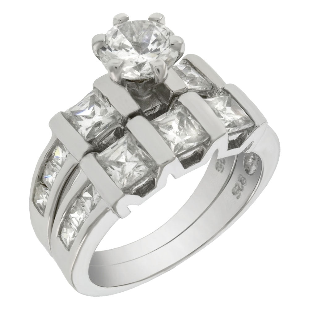 Sterling Silver Princess Round CZ 2 Rings Set