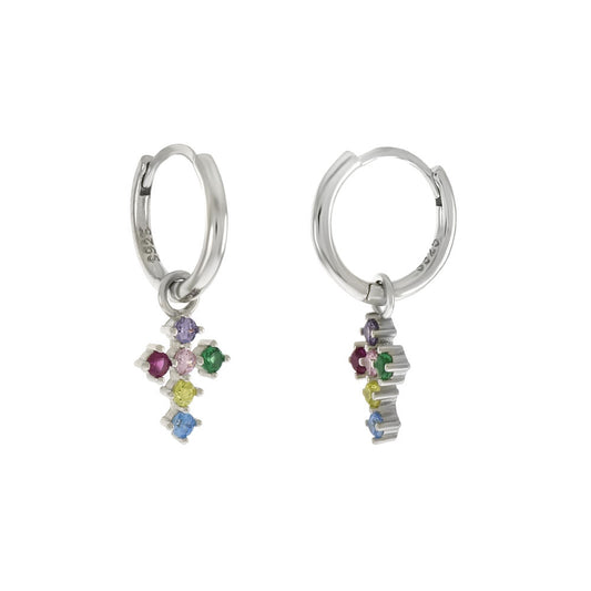 Multi Color CZ Dangle Cross with Huggie Hoop Rhodium Earrings