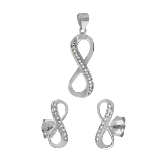 Infinity Cubic Zirconia Sterling Silver Rhodium Earrings Pendant Set