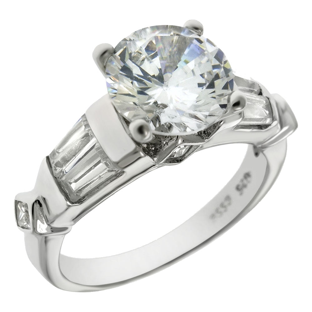 Round Cut Cubic Zirconia with Baguette Set Sides Engagement Ring