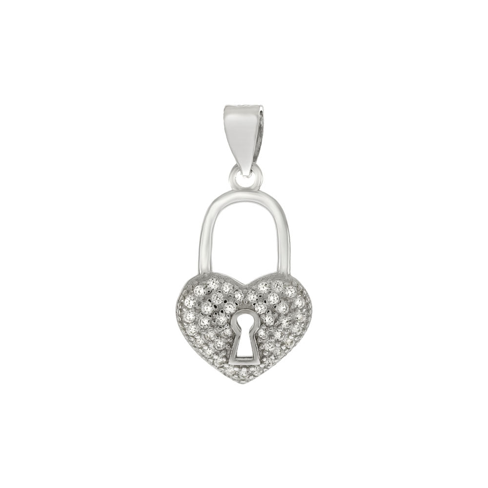 Micro Pave Cubic Zirconia Heart Lock Sterling Silver Pendant
