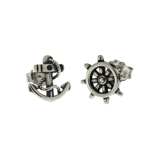 Sterling Silver Anchor Ship Wheel Nautical Mismatch Oxidized Stud Earrings