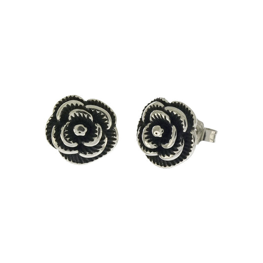 Sterling Silver Oxidized Rose Stud Earrings