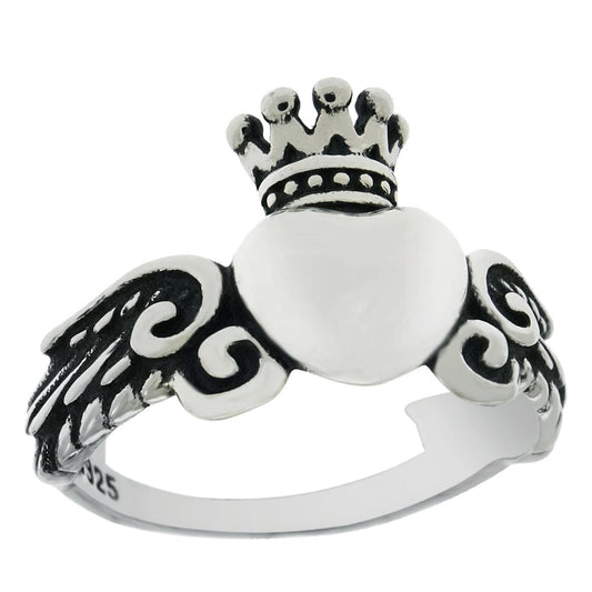 Sterling Silver Heart Crown W Wing Oxidized Ring