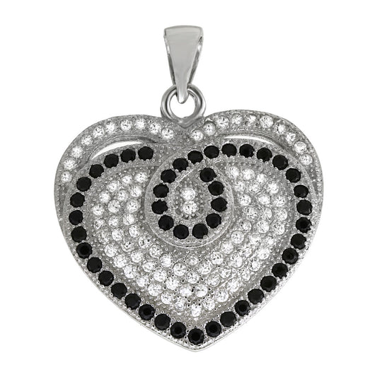 Sterling Silver Micro Pave Black White CZ Heart Pendant
