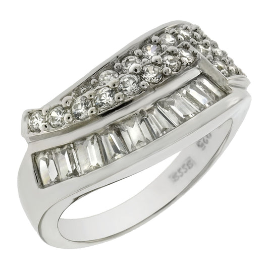 Sterling Silver Baguette Round CZ Cluster Band Ring