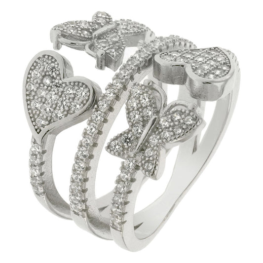 Sterling Silver Heart Butterfly Pave CZ Ring